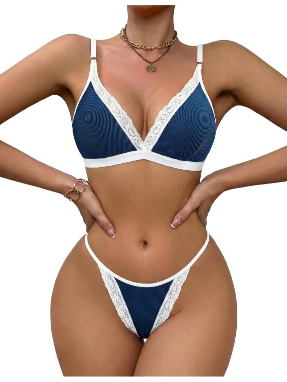 🆕Women's Navy Blue Ribbed Bra and Pany Set with Lace Trim Bralettes Lingerie